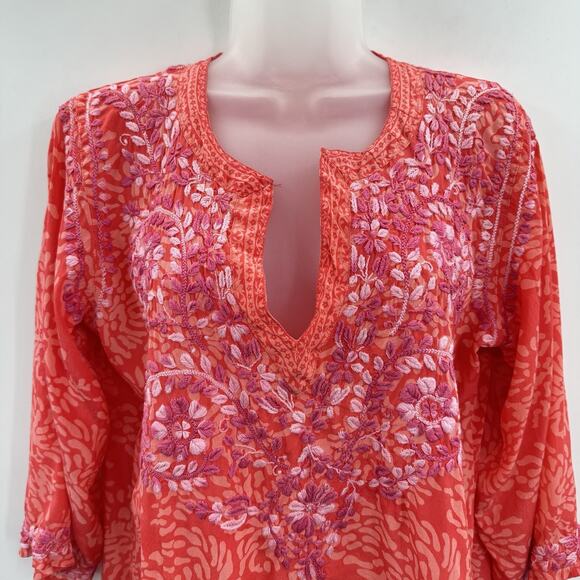 Amaya 100% Silk Embroidered Tunic Top Sz 44 US L Pink Coral Tropical Boho Flowy - Picture 3 of 13